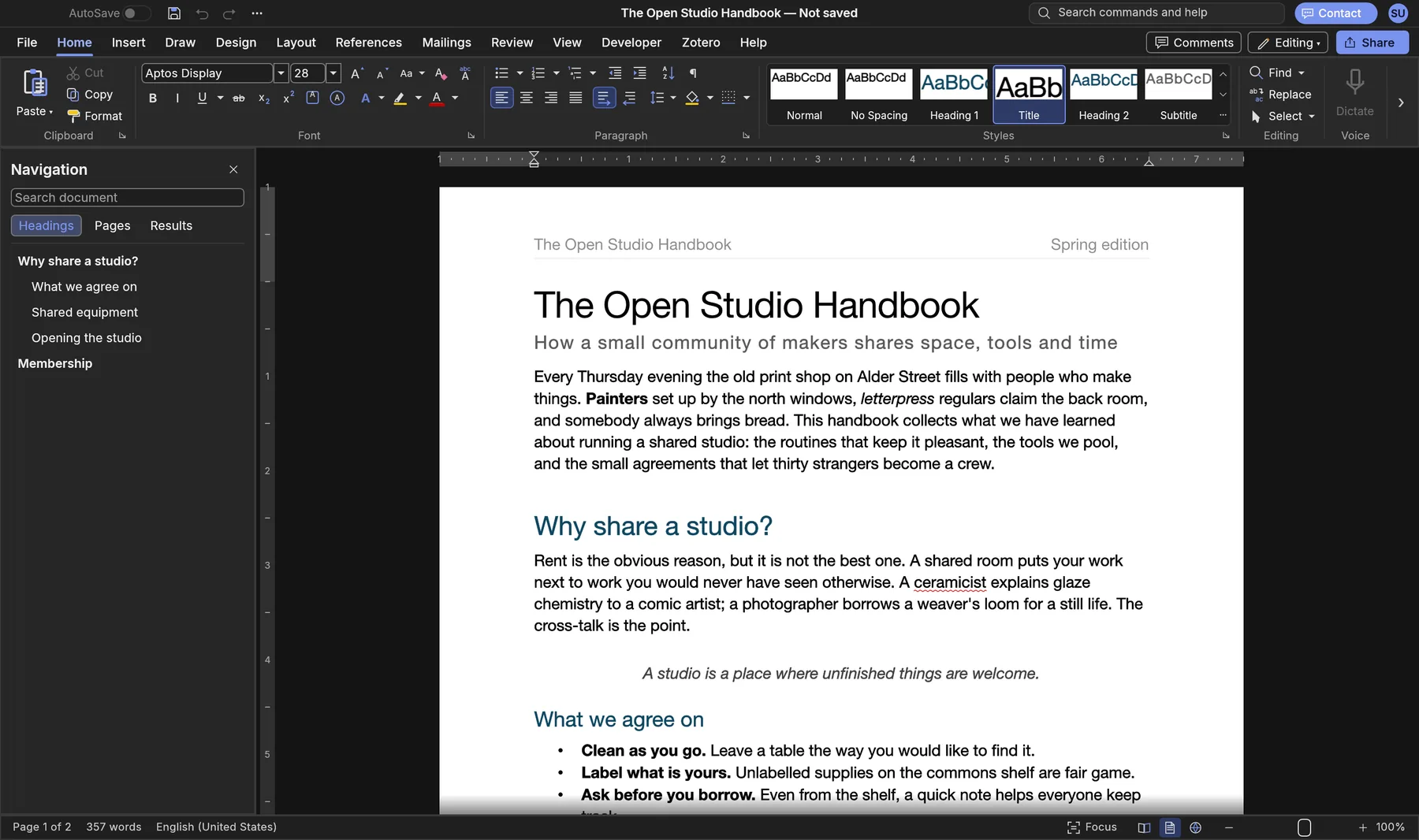 The handbook in SynDoc's dark theme, with the Navigation pane open.