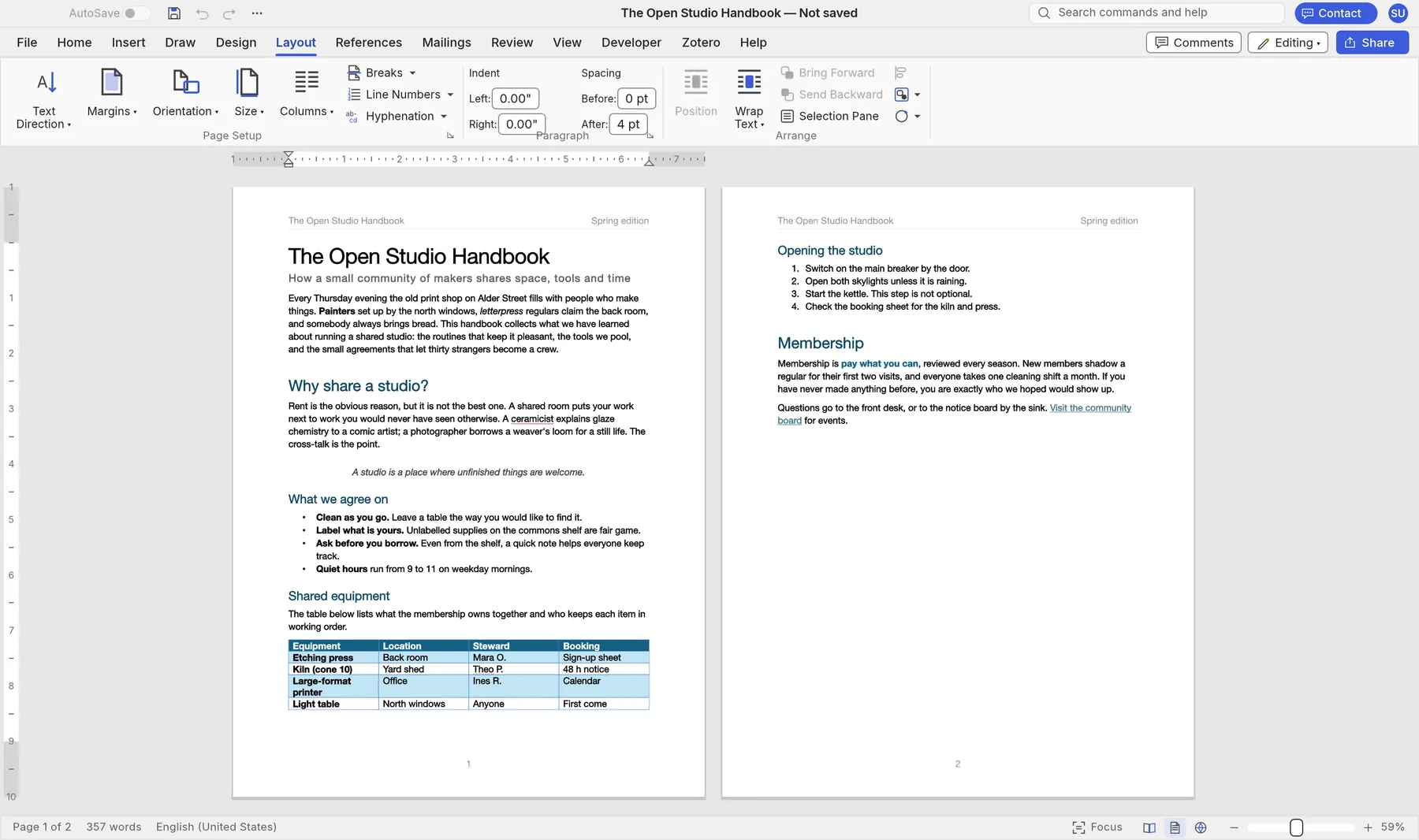 SynDoc's Layout tab with both pages of the handbook side by side, including a styled table.
