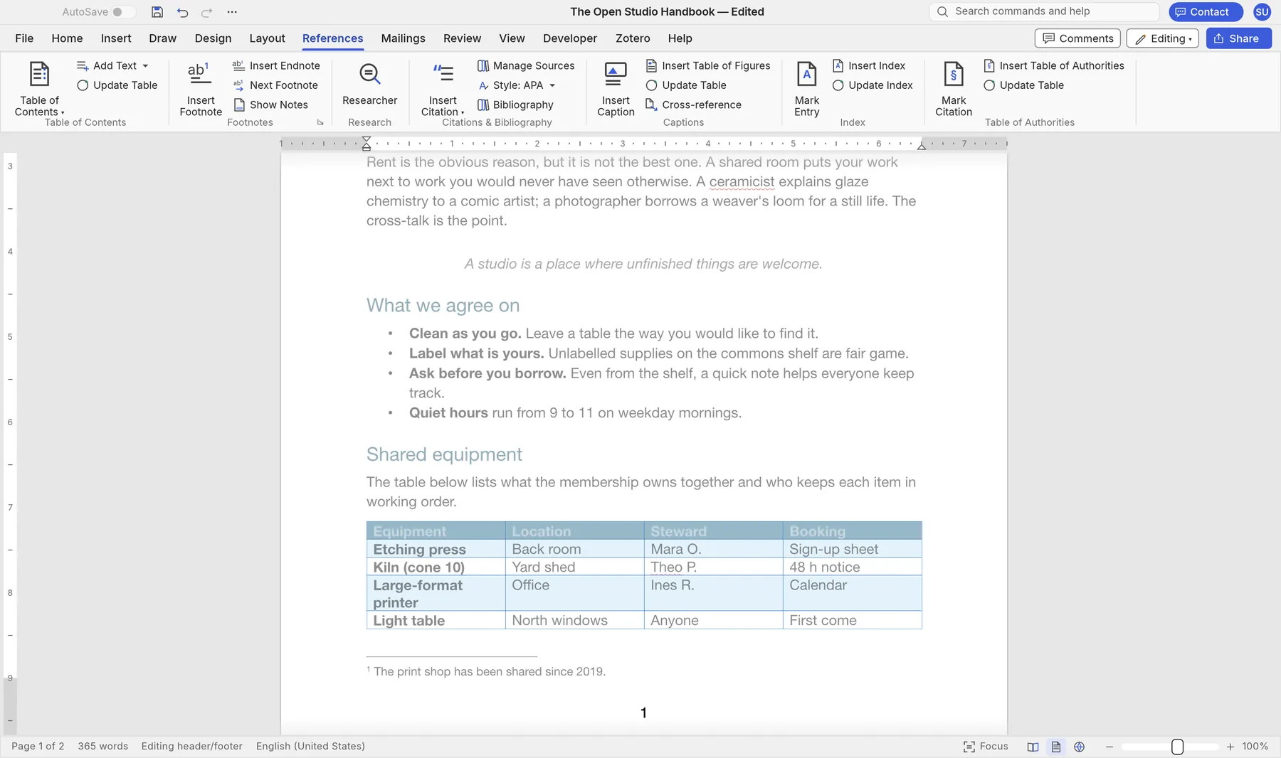 SynDoc's References ribbon tab, with a footnote at the bottom of the first page under a table.