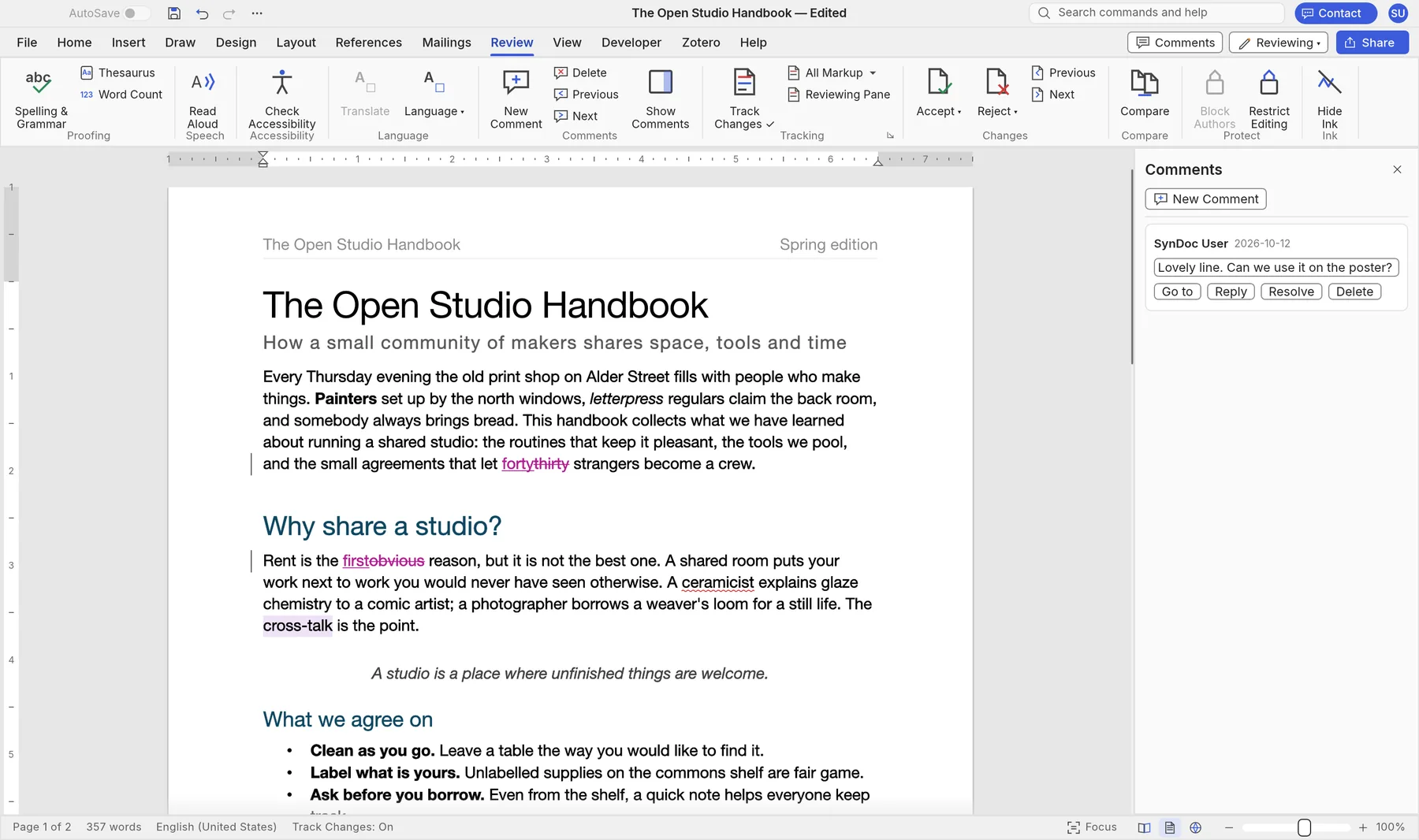 SynDoc's Review tab with track changes on: replaced words shown struck through and underlined, and a comment in the Comments pane.