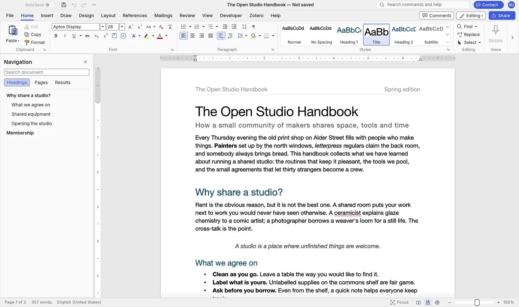 SynDoc showing The Open Studio Handbook, with the Home ribbon tab, the Styles gallery and the Navigation pane listing the document's headings.
